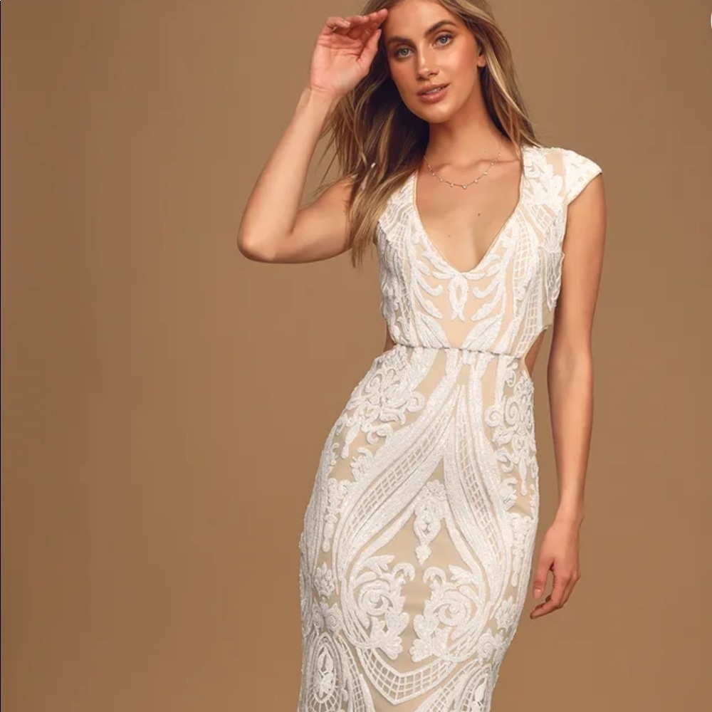 White and Nude Sequin Mermaid Maxi Dress